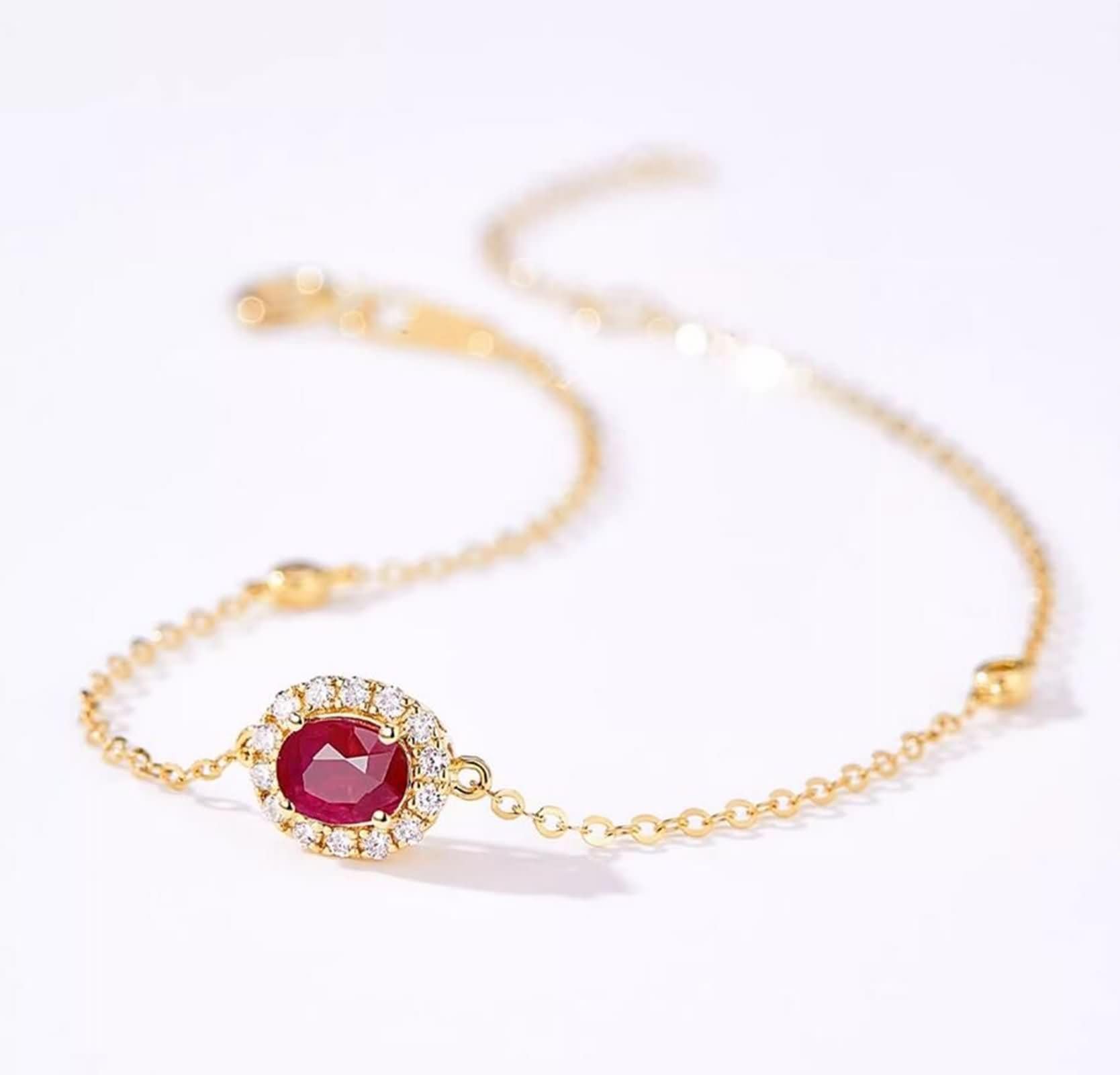 Pulsera para Mujer de Oro 9 K / 14 K / 18 K, Oval con Rubí de 0,3 ct y Diamante, Cadena Extensible 16 CM + 5 CM, Pulsera Oro Ajustable Mujer
