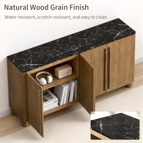 Image of 65 inch Sideboard Buffet Cabinet with Storage Set of 2, Wood Grain Top Credenza with Adjustable Shelves, Curved Accent Cabinet with Round Legs for Dining Room, Living Room, Entryway, Coffee Bar, Walnut