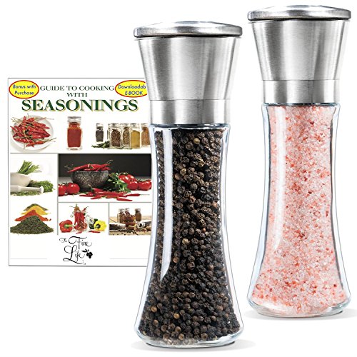 FLASH SALE Salt and Pepper Mills and Spice Grinders with Adjustable Manual Ceramic Grinder - Bonus FREE ebook on Cooking with Seasonings - Stainless Steel, Glass - Tall Pair 7 inches