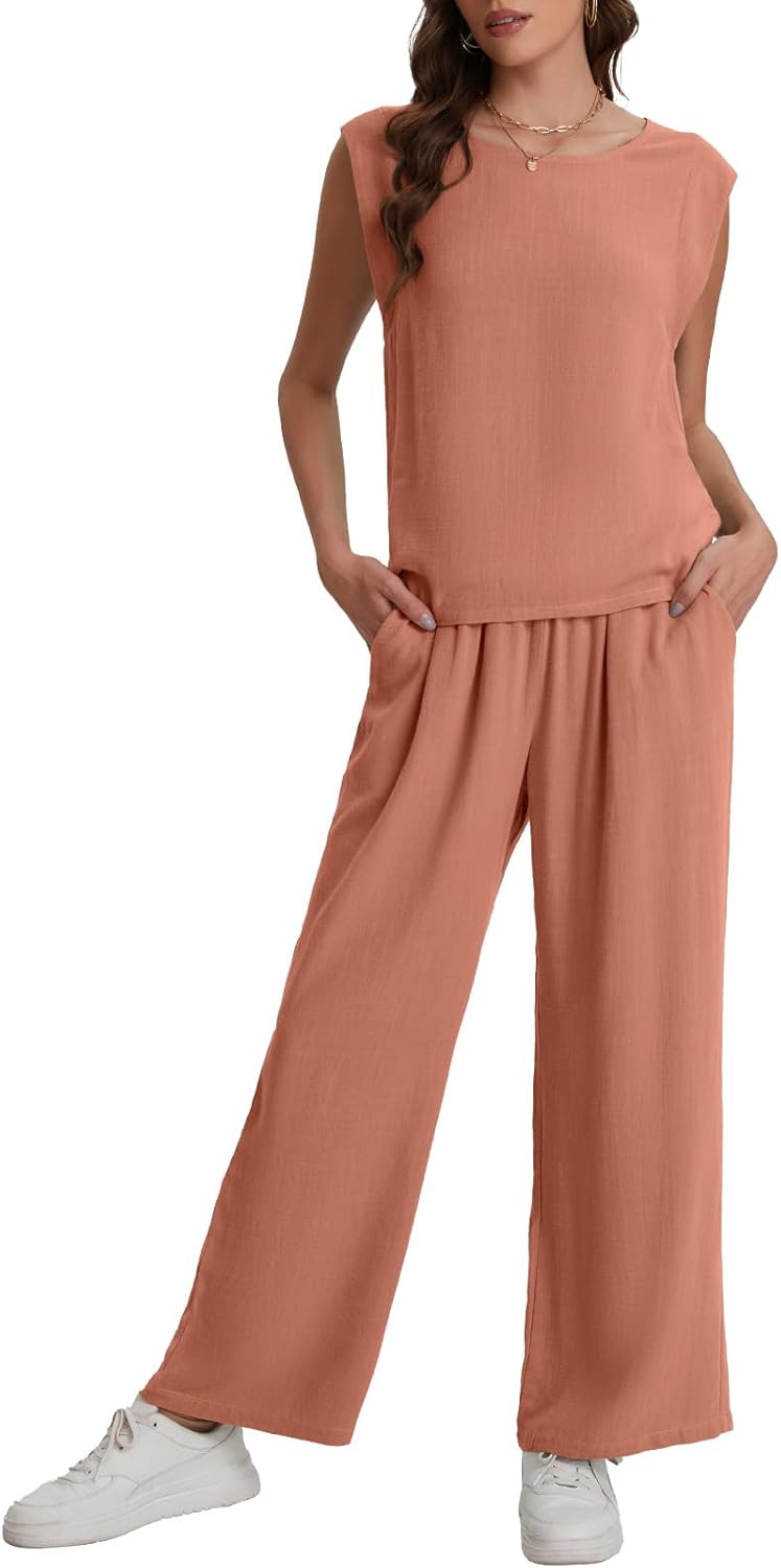 Bloggerlove Womens Summer 2 Piece Outfits Sleeveless Tank Top Wide Leg Pants Linen Jumpsuits Lounge Matching Beach Sets (Size M)