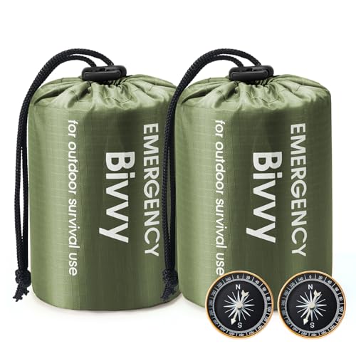 Esky Emergency Sleeping Bag, 2 Pack Survival Bag Portable Thermal Bivy Sack, Waterproof Lightweight Emergency Blanket Survival Gear with Compass for Camping Hiking Outdoor Adventure