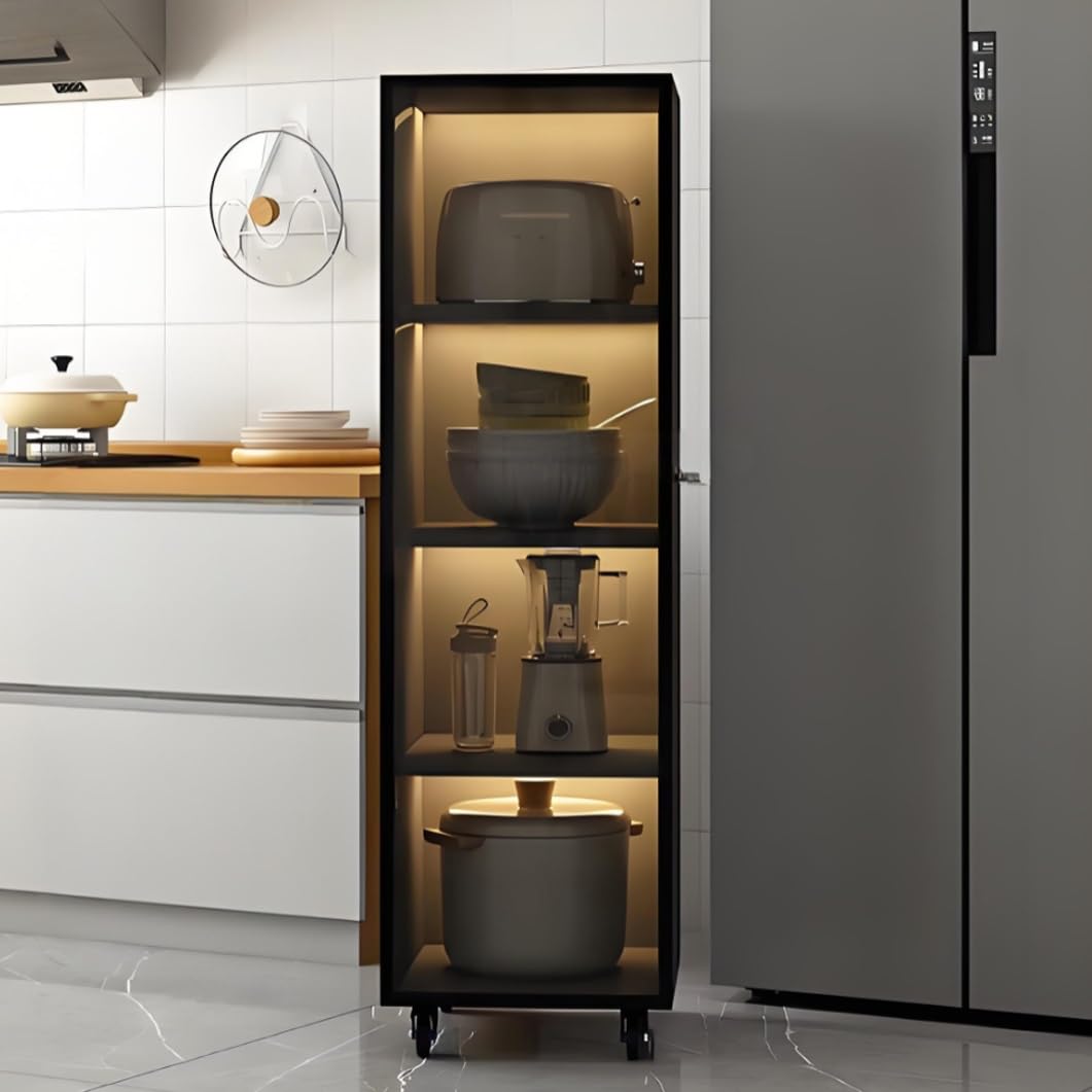 YVYKFZD Slim Storage Cart, Narrow Storage Cabinet, Rolling Utility Carts with Wheels and Tempered Glass Doors, Mobile Kitchen Cart, Bathroom Organizer, No Lighting(Gray+A,4 Tier 7.8"x11.8"x54.3")