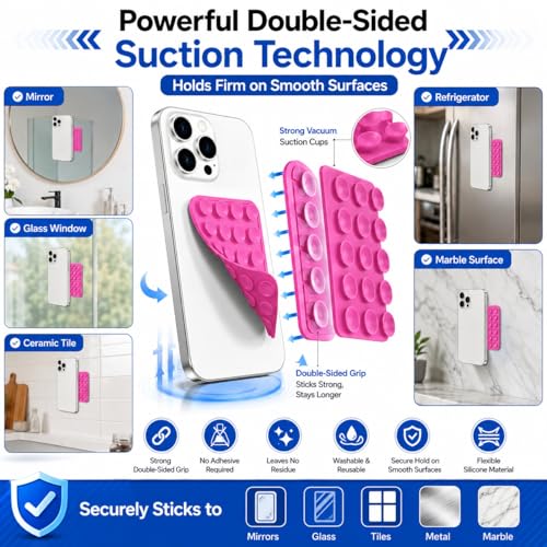 Image of GooseBox Suction Cup Phone Case Mount, Double-Sided Suction Phone Case Anti-Slip Silicon Sticky Stand Hands-Free Strong Grip Holder for Selfies and Videos (Dark Pink, Pack of 1)