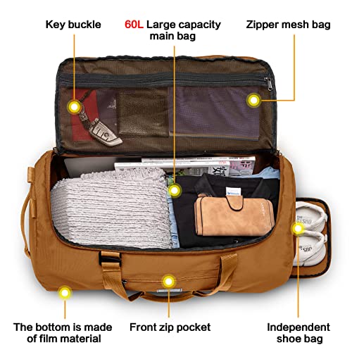 Lyweem Travel Duffel Bag for Men, 60L Large Sports Duffle Bag Backpack for Women Weekender Overnight Holdall Bags with Shoes Compartment Multifunctional Gym Bags, Brown - Image 5