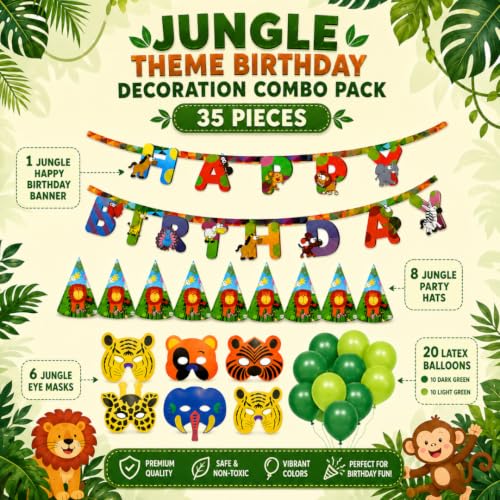 Image of Wanna Party Jungle Theme Birthday Decoration Combo Pack, 35 Pieces | 1 Jungle Happy Birthday Banner, 8 Jungle Party Hats, 6 Jungle Eye Masks & 20 Green Latex Balloons