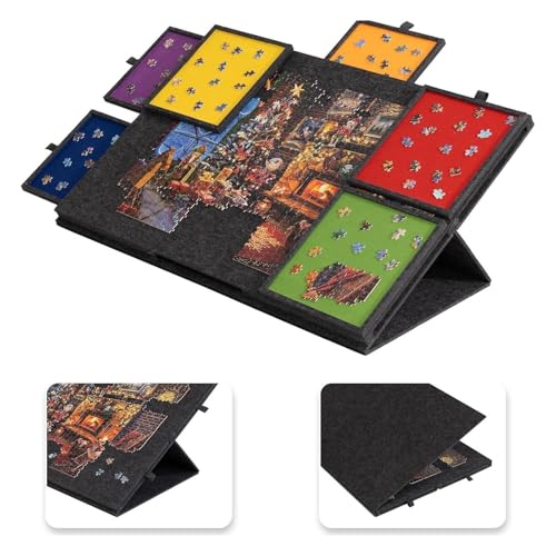 Puzzlebrett für Puzzles mit 6 Schubladen Neigbares Filz Puzzleboard 2-in-1 Puzzle Tisch mit Ständer und Abdeckung Tragbarer Puzzletisch Puzzle Table Geeignet für 1000 Teile Puzzles (Schwarz)
