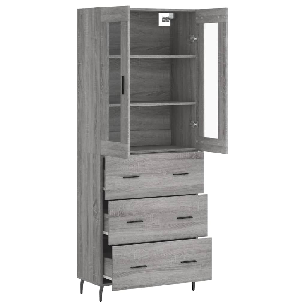 Highboard grigio Sonoma, 69,5 x 34 x 180 cm, con molto spazio, piedini in metallo, credenza e ripiano alto, per cucina, soggiorno e sala da pranzo