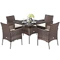 Tangkula 5 Pieces Wicker Patio Dining Set, Outdoor PE Rattan Chairs Table Set with 4 Seat Cushions, Patio Dining Furniture with Tempered Glass Tabletop, Suitable for Porch, Yard