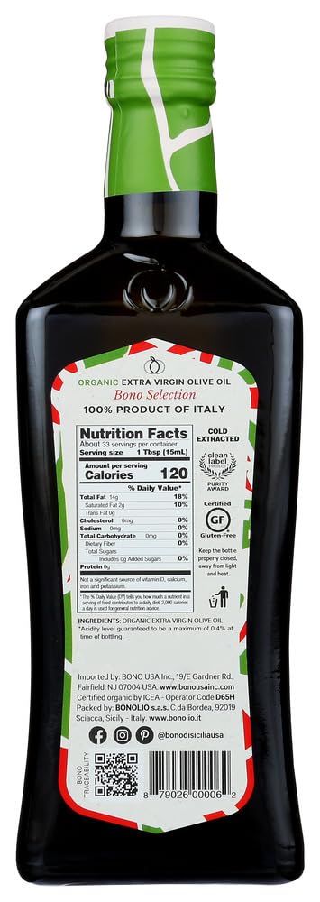 Bono 100% Italian Organic Extra Virgin Olive Oil 2 Bottles 500 ML. Each.