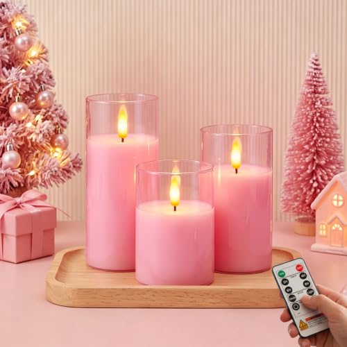 Image of Amagic Pink Glass Flameless LED Candles Battery Operated with Remote Timer | Real Wax Pillar Electric Candle, 3D Flickering Flame for Christmas Home Decor, Valentine's Day, Weddings, Set of 3(H4 inch5 inch6 inch)