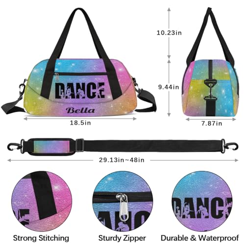 Personalized Custom Girls Dance Bag, Custom Name Sports Gym Bag Kids Duffel Bags Customized Travel Duffel Bag Overnight Weekender Sleepover Tote Bag for Girls, Colorful Glitter Dance3
