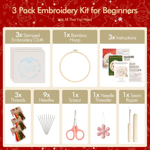 Image of wtisan Christmas Embroidery Kit, Cross Stitch Kits for Beginners, Needlepoint with All Tools & Instructions, Stamped Hand Embroidery Starter Kit for Holiday Crafts & Xmas Home Decor, W12