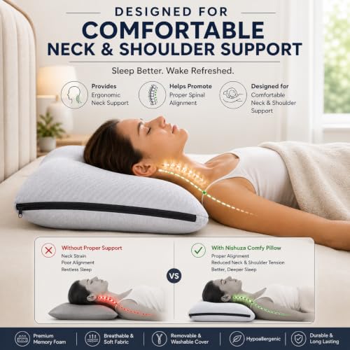Image of Premium Knitted Fabric Memory Foam Bed Pillow, Standard Size 25 x 17 Inches, Orthopedic Neck Support Pillow with Removable Washable Zipper Cover, Grey Set of 2