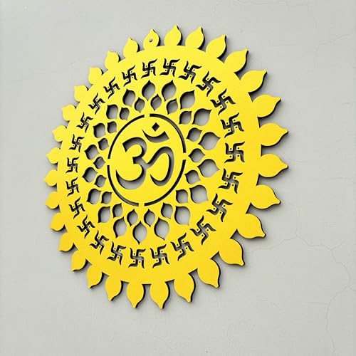 Image of BAPUBEBE Om Round Wall Art Mdf Wooden Frame Om Chakra For Mandir Temple, Living Room, Office, Hotel, Gift Item, Mandala Wall Hanging For House Home Decoration Items Size 12 * 12inch (YELLOW)