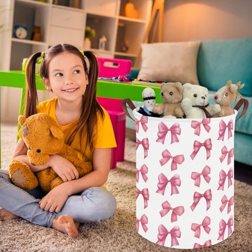 Image of Bow laundry basket for girls,Nursery Hamper,Pink Laundry Hamper,Waterproof collapsible canvas laundry basket for girls,Pink Girls Laundry Basket,Living Room Decor(Bowknot)