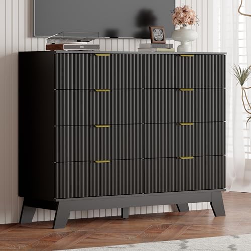 Image of 8 Drawer Dresser for Bedroom, 47''W Fluted Wooden Dresser Storage Cabinet and Chest of Drawers with Metal Handle, Storage Organizer for Living Room, Hallway, Entryway, Black