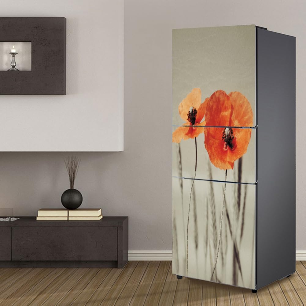 Fridge Sticker, Fridge Sticker Full Covering Door Covers Decor, Freezer Skins Wall Stickers for Kitchen Decal, Blooming Poppy Flower(S: 60x150 cm)