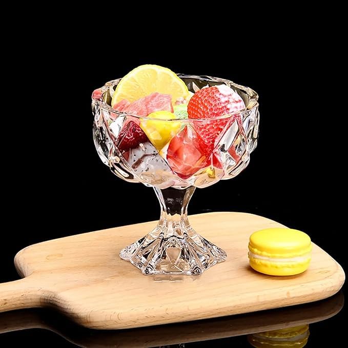 Image of PrimeWorld 300ML Diamond Design Ice Cream Glass Cups - Elegant Dessert Bowls for Ice Cream, Pudding, Milkshake, Fruits & Sweets - Perfect for Home, Restaurants & Parties - Dishwasher Safe (Set of 4)