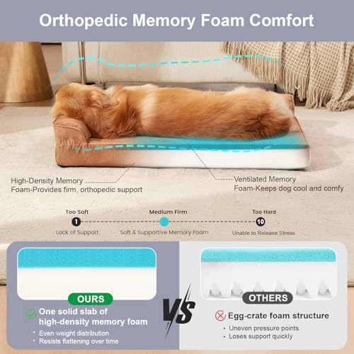 Image of Rainmr Microsuede Dog Bed Orthopedic Washable - Small Medium XLarge Dogs - Memory Foam Couch Sofa with Waterproof Removable Cover, 36x27 Inches, Khaki
