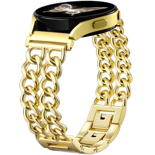 Stylish Metal Band Compatible with Samsung Galaxy Watch 7 Band 6 5 4 FE 40mm 44mm, Galaxy Active 2 Strap, 20mm Watch Band with Gold Cute Double Chain Links for Samsung Watch Bands Women Blac