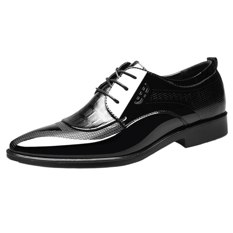 Men's Shiny Patent Leather Oxford Shoes Mens Fashion Classic Pointed Toe Lace Up Dress Shoes Non-Slip Softsole Derby Shoes
