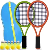JHuiLap Kids Tennis Racket Set With Carry Bag Includes 2 Safe Plastic Rackets (17 Inch), 4 Sponge Balls & 6 Shuttlecocks, Lightweight for Children Indoor/Outdoor Sports (Dark Orange & Green)