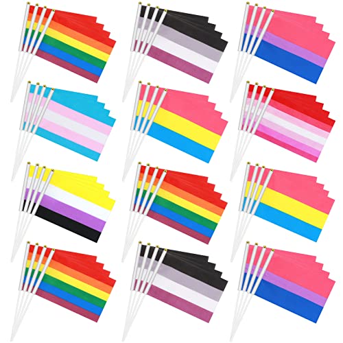 Kinlop 200 Pcs Rainbow Pride Flag Set Small Mini Gay Hand Held Pansexual Bisexual Trans Lesbian Flag Fade Resistant and Vivid Colors for Nonbinary Asexual LGBT Party Decorations 5.5 x 8.3 Inch