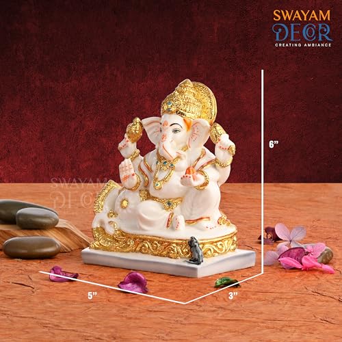 Image of Creating Ambiance Polyresin Marble Ganesh Idol, Vinayaka Statue | Auspicious Ganpati Murti For Living Room & Home Decor - Ganesh Idol For Diwali - Gold & White (6 Inches, Fantasy)