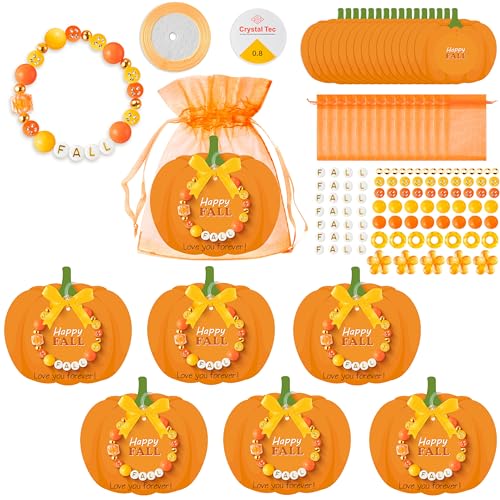 BeYumi Fall Bracelet Craft Kit - 24 Pack Fall Letter Beads Friendship Bracelets with Pumpkin Gift Cards and Bags Autumn Thankful Craft Kit Party School Classroom Party Fun Activities Kids Ages 6-12