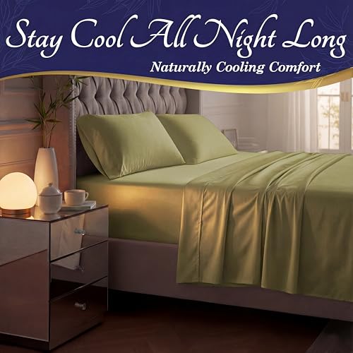 Image of DECOLURE 100% Viscose Derived from Bamboo Sheets King Size - Luxury 4 Pc Naturally Cooling Sheets, Ultra Soft Bed Set - Deep 17 inch Pockets, Durable Double Stitching, Oeko Tex Standard (Light Olive)