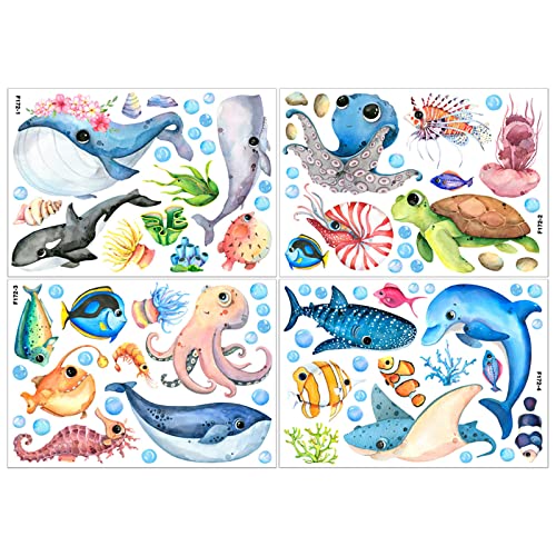 Zasjon Wandtattoo Fische 4 Blätter Kinderzimmer Wandsticker Unterwasserwelt Ozean Bunt Meerestiere Entfernbarer Wasserdicht Wandaufkleber für Wohnzimmer Schlafzimmer Babyzimmer Bad Wanddeko Cover