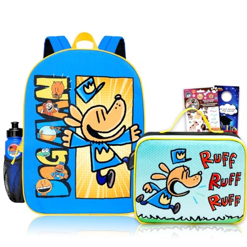 Bioworld Mochila Dog Man com conjunto de lancheira – Pacote com mochila DogMan de 40,6 cm, lancheira, adesivos, garrafa de água, mais | Conjunto de mochila escolar para meninos, meninas e crianças