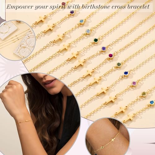 Cross Bracelet with Birthstone Dainty Gold Bracelets for Women Birthday Gift Christian Gifts for Her Religious Faith Baptism Confirmation Gifts for Teen Girls Christmas Jewelry for Sister Daughter Granddaughter Girlfriend