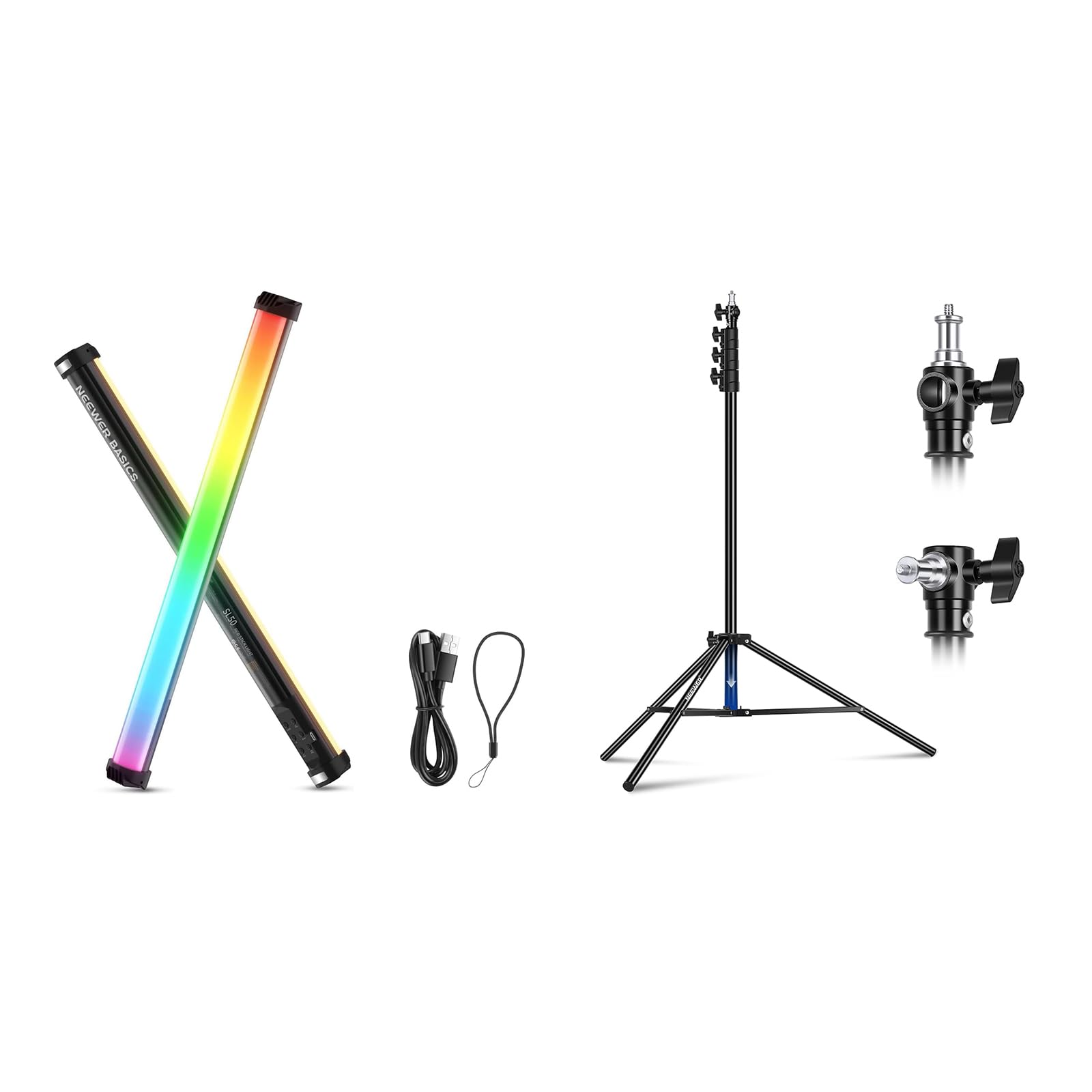 NEEWER Basics SL50 21" Magnetic RGB Light Wand with CRI95 14W LED 51 Modes 4000mAh Battery + 9.8ft/3m Air Cushioned Light Stand with 1/4" to 3/8" Reversible Spigot, 3 Way Mounting Interface