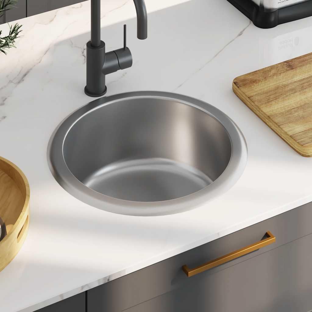 Fregadero empotrable de acero inoxidable con sifón y sifón, fregadero redondo de 42 x 16 cm, resistente a los arañazos, con desagüe y rebosadero, ideal para cocina, lavadero, exterior y