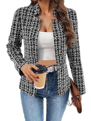 Womens Tweed Open Front Blazers Fitted Jacket Dressy Casual Notch Collar Overcoat Plaid Coat Office Outfits Outwear for Women
