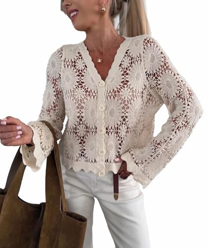 SOMTHRON Women's Boho Hollow Out Crochet Knit Crop Cover Up Long Sleeve Button Down Beach Shirt Tops