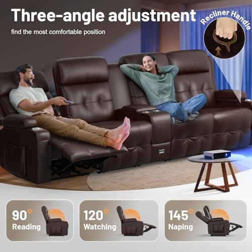 Image of Loveseat Recliner Sofa, Home Theater Seating with Massage, 4 Seat Reclining Loveseats with Console, Wall Hugger RV Couch Movie Theater Chairs, RV Furniture Sofas with USB, Cup Holders for Gaming Room