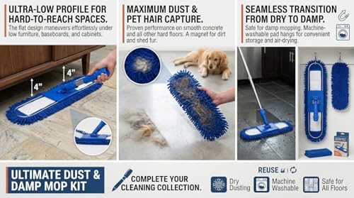 Image of 24 Inch Dry Mop Refill with 1 Frame and 1 Refill with Check Duster Cloth (Blue, Medium)