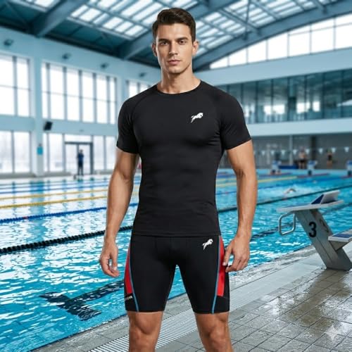 Image of JUST RIDER Swimwear Half Sleeve T-Shirt and Shorts for Men & Women Men's Swimming T-Shirt and Swimming Shorts Set, Polyester, Quick-Dry, Chlorine-Resistant, Flatlock Seams