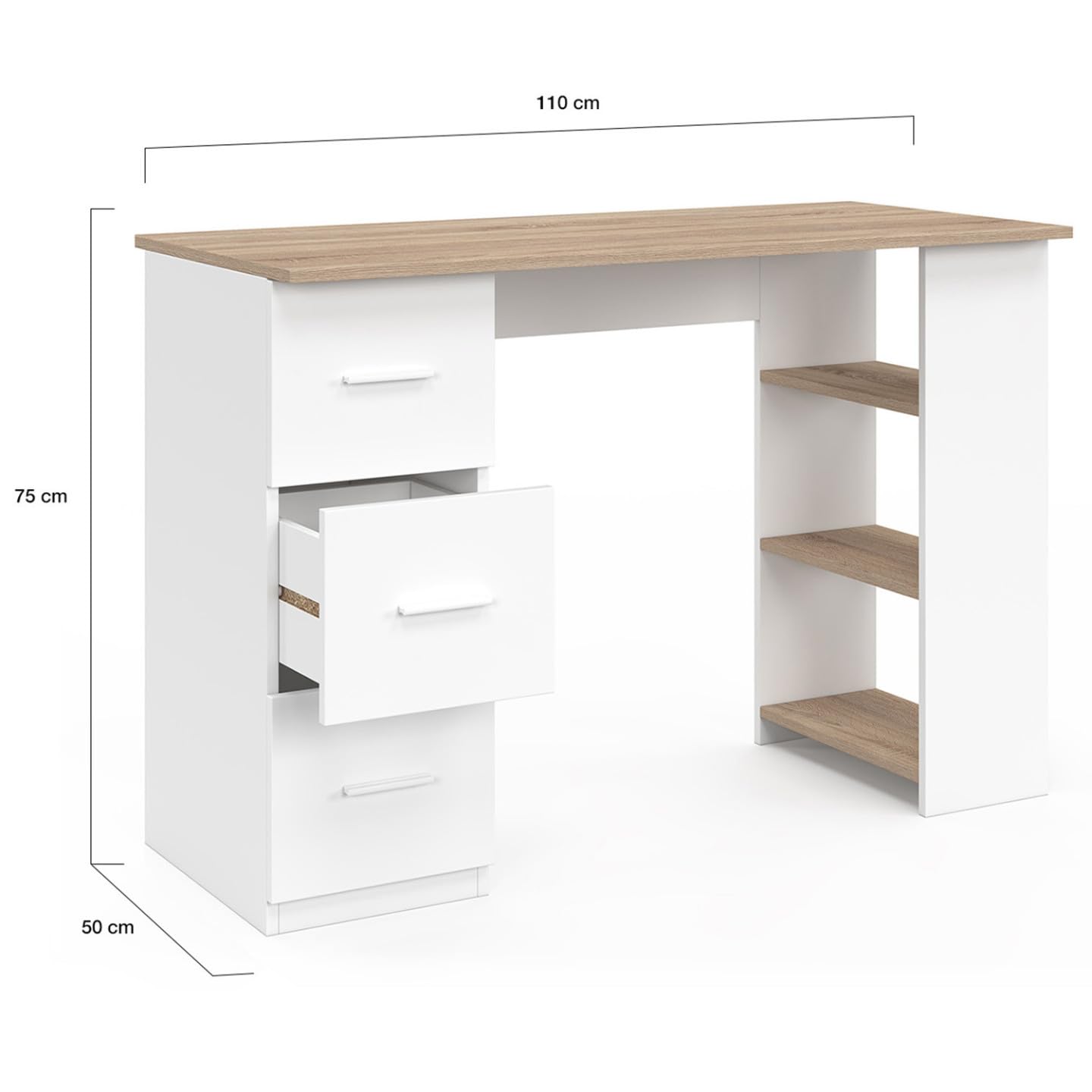 IDMarket - Bureau Droit Mae 3 tiroirs avec étagères de Rangement Blanc et Bois