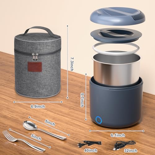 Image of Vingud Electric Lunch Box for Adults, 1.2L /41oz, 100W Fast Heated Lunch Box, 12V /24V /110V Portable Food Heater for Car /Office Work with 304 Stainless Steel Container, Blue Gray