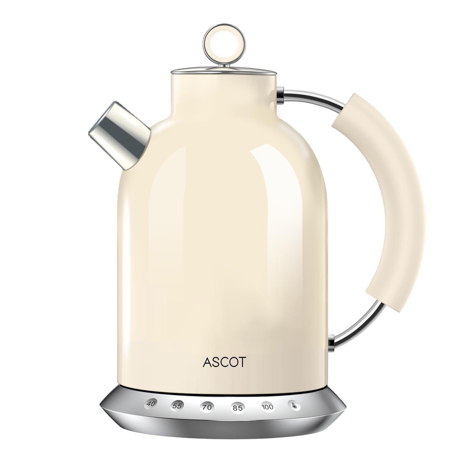 ASCOT Electric Kettle with 5 Variable Presets, Electric Tea Kettle & Coffee Kettle, 100% Stainless Steel Inner Lid ＆ Bottom, 30mins Keep Warm, 2200 Watt Quick Heating, 1.5L (Beige)
