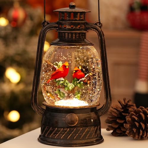 Cardinal Snow Globe Christmas Decorations Indoor, Lighted Musical Christmas Snow Globes Lantern with Glitter & 6H Timer, Cardinal Gifts Decorations for Home