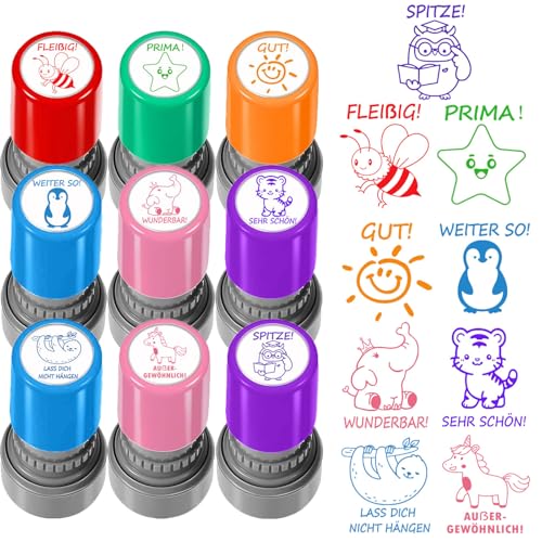 9 Stück Selbstfärbende Lehrer Stempel, Lob Ermutigung Kinder, Lehrer Bewertung Belohnung Motivation Briefmarken, Bunte Cartoon Lob Siegel Ermutigung, Schüler Hausaufgaben Stamper