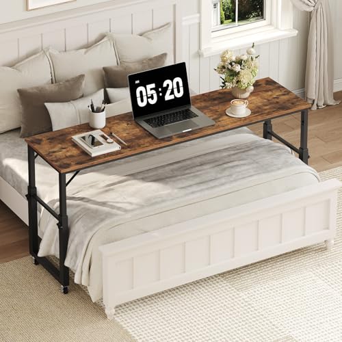 MAHANCRIS Overbed Table with Wheels, Mobile Bed Desk for Queen Size, 36"-43.5" Adjustable Height Rolling Table, Recliner Desk, Mobile Cross Bed for Bedroom, Living Room, Office, Rustic Brown MTHR18001 by MAHANCRIS - Used condition - Image 3