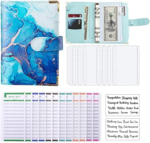 Budget Binder, A6 Marble PU Leather Binder, Money Organizer Cash Envelopes Budget Planner with 8 Zipper Cash Envelopes, 12 Expense Budget Sheets & 2 Letter Label Sticker for Budgeting, Saving Money