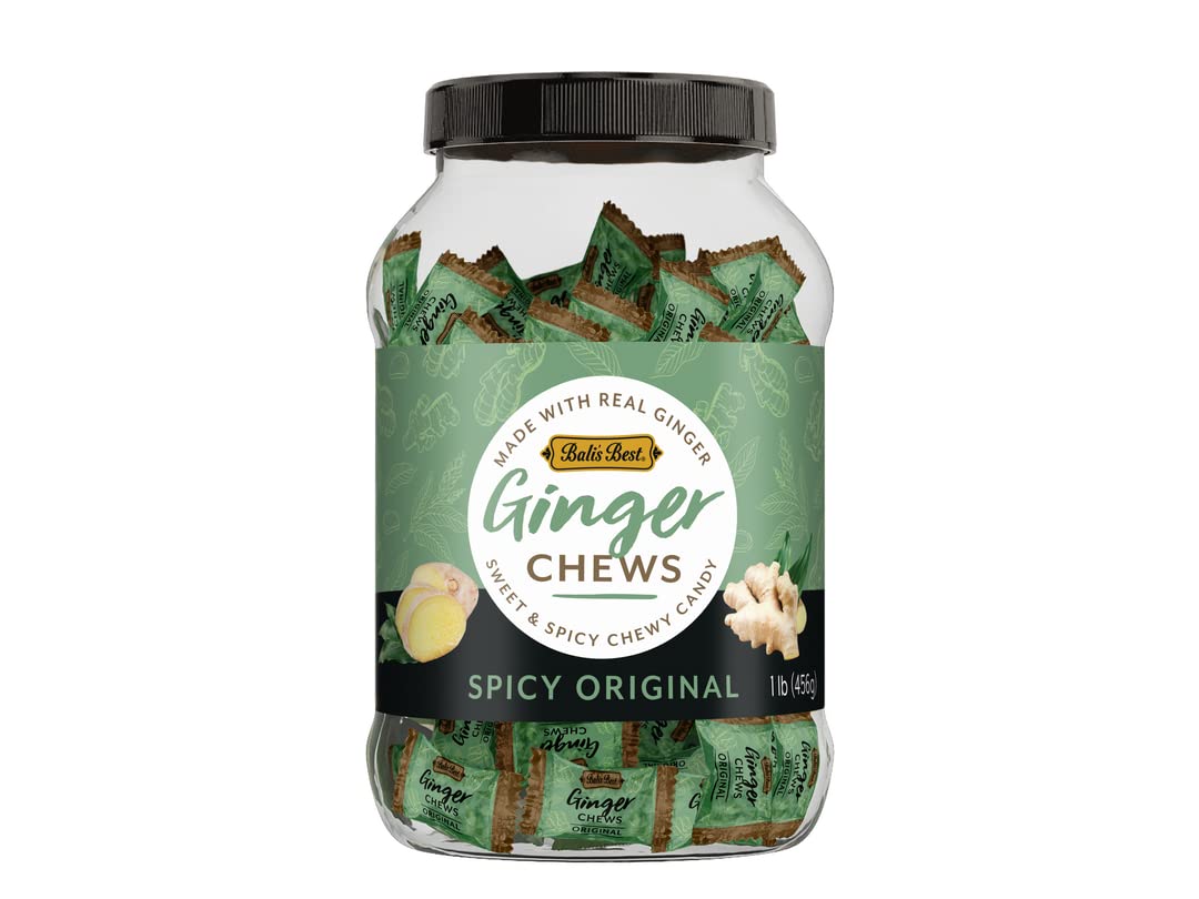 Bali's Best Ginger Chews, Spicy Original Flavor, 1 Pound Jar, Individually Wrapped Soft Candy, Made with 100% Real Ginger, Digestive Health Support, Upset Stomach Relief, Halal