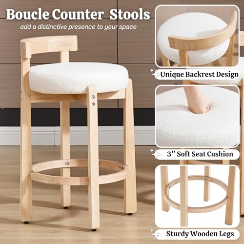 Image of CIMOTA 26.5 inch Counter Height Bar Stools Set of 2 | Mid Century Modern Low Back Bar Chairs with Solid Wood Legs & Sherpa Upholstered Seat, Kitchen Island Stools, White