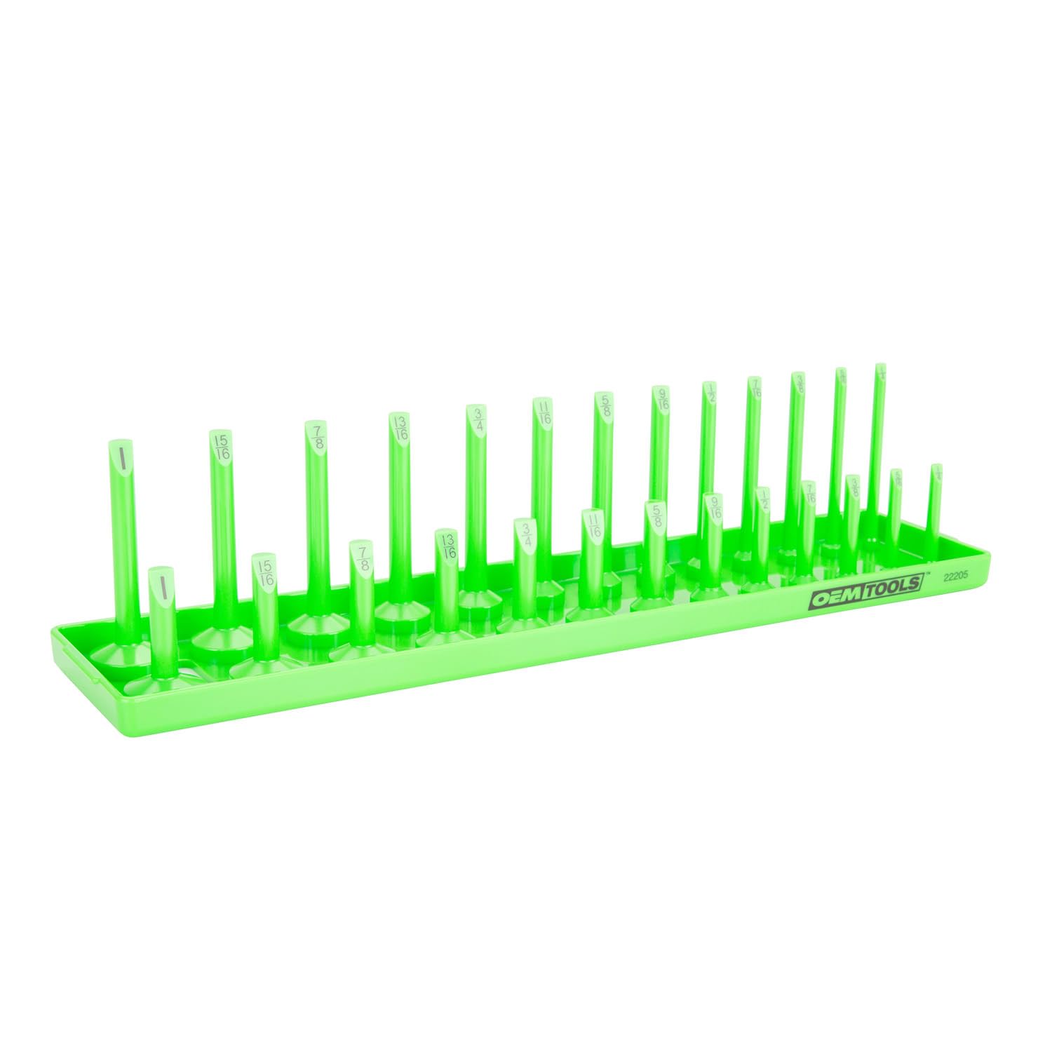 OEMTOOLS 22205 SAE Socket Tray, 3/8" Drive | 26 Deep & Shallow Socket Organizer Tray | Fits Sockets from 1/4” to 1” | Secure Fit | Mechanic's Tool Chest & Tool Box Organizer | Green